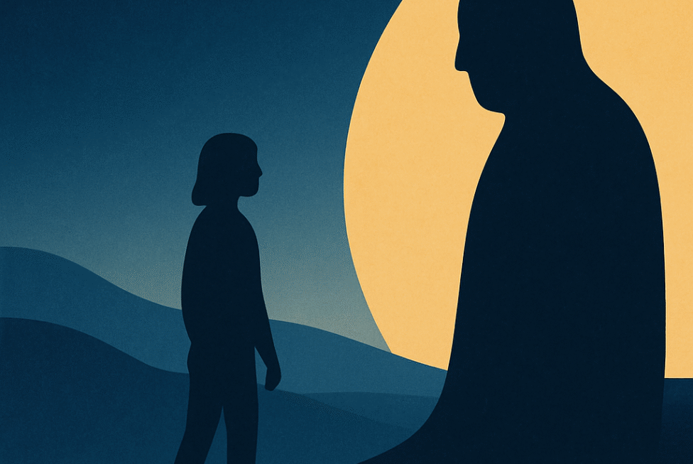 Illustration minimaliste d’une personne en silhouette qui fait face à une grande ombre devant un grand disque jaune sur fond de collines bleu nuit