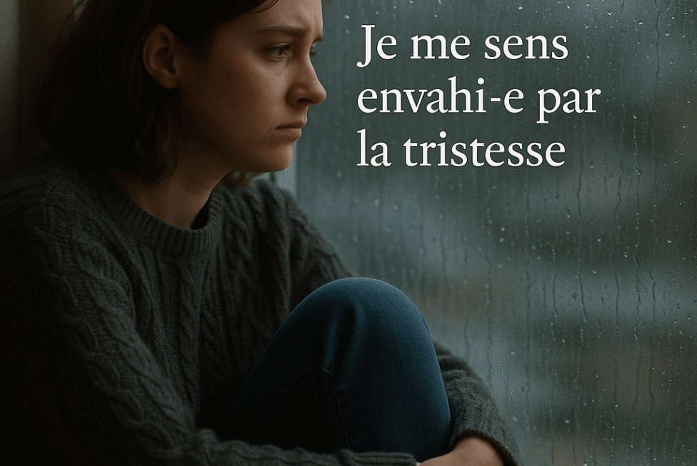 Personne assise près d’une fenêtre un jour de pluie, qui regarde au loin en pensant « je me sens envahi·e par la tristesse », dans un moment de vulnérabilité silencieuse.