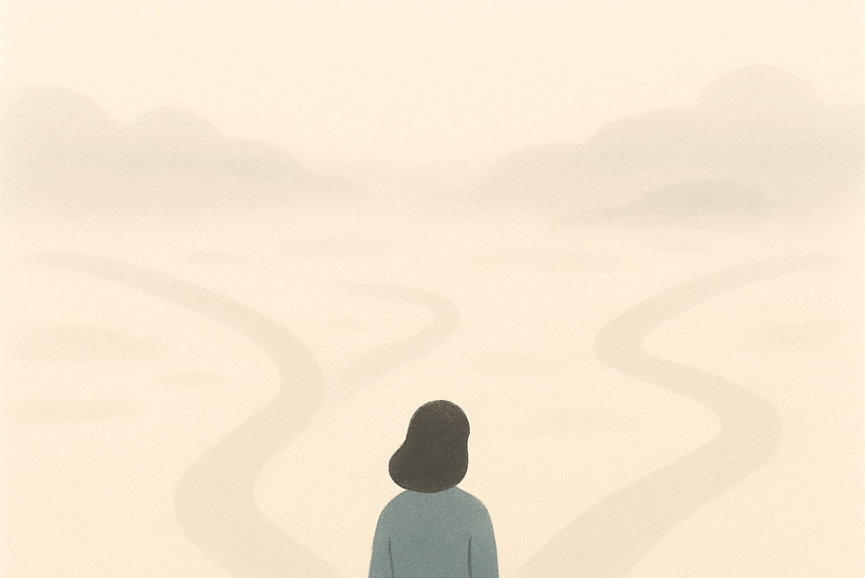 Personne de dos devant plusieurs chemins flous dans le brouillard, symbole d’indécision.