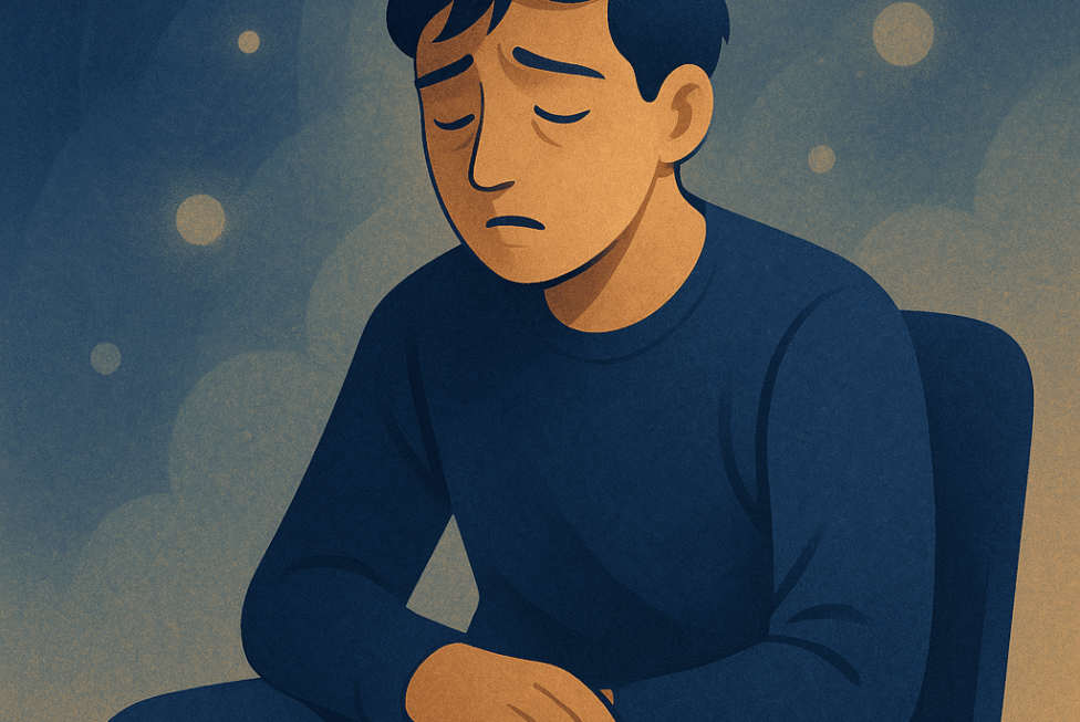 Illustration d’un jeune adulte assis sur une chaise, les yeux fermés, l’air somnolent et fatigué, dans une ambiance bleu nuit apaisante.